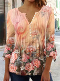 Summer Floral Print 3/4 Sleeve V-neck Pleated Pullover Tops