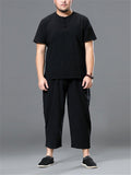 Loose Fit Linen 2-Piece Round Neck Button T-Shirt + Drawstring Cropped Pants