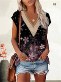 Spring Summer Women's Gold Lace V Neck Short Sleeve Printed Tops