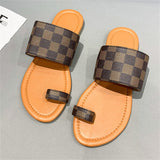 Trendy Plaid Toe Ring Flat Female Slippers in Summer