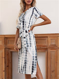 Women's Elegant Casual Round Collar Printed Lace Up Slim Dresses