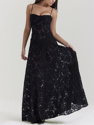 Female Sexy Black Embroidered Strappy Evening Dresses