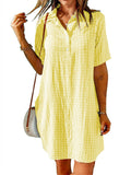 Solid Color Lapel Plaid Short Sleeve Dresses