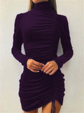 Women's Graceful High-Necked Fashion Long Sleeve Solid Color Drawstring Tight Dress