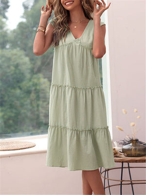 Sleeveless V-Neck Linen Light Green Dress