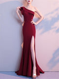 Pretty One Shoulder Sweep Train Side Slit Maxi Dress for Evening