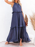 Romantic Ruffles Swing Sleeveless Halter Maxi Dress for Women