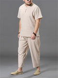 Loose Fit Linen 2-Piece Round Neck Button T-Shirt + Drawstring Cropped Pants