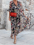 V-Neck Floral Printed Half Sleeve Long Dresses