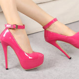 New Stylish Round Toe Buckle Hot Pink High Heels