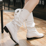 Women's Campus Round Toe Low Heels Ribbon Mid-Calf Knight Boots