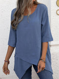 Women's Vintage Round Neck Irregular Hem 3/4 Sleeve Linen Tops