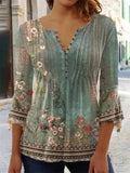 Summer Floral Print 3/4 Sleeve V-neck Pleated Pullover Tops