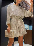 Pretty Shiny Beaded Crew Neck Lantern Sleeve Women's Cocktail Dress