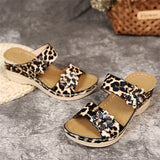 Female Vacation Floral Leopard Print Wedge Heels Slip On Sandals