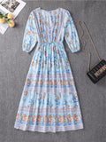 Women's Hawaiian Floral Printed V Neck 3/4 Sleeve Flowy Boho Dress