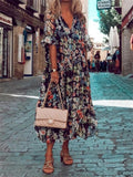 V-Neck Floral Printed Half Sleeve Long Dresses