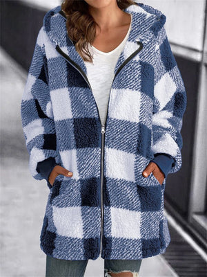 Women's Classic Plaid Zip Up Hooded Plush Jackets with Pockets