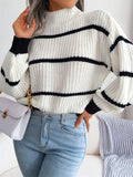 Casual Half Collar Lantern Sleeve Stripe Knitted Sweater For Women