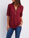 Women's V-neck Zipper Chiffon Shirts