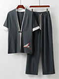 Casual Oversize Comfy Two-Piece Outfit Embroidery T-Shirts + Full-Length Drawstring Pants