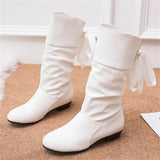 Women's Campus Round Toe Low Heels Ribbon Mid-Calf Knight Boots