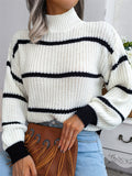 Casual Half Collar Lantern Sleeve Stripe Knitted Sweater For Women