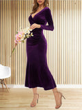 Women's Sexy Deep V Long Sleeve Bodycon Midi Fishtail Dress