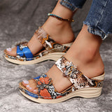 Female Vacation Floral Leopard Print Wedge Heels Slip On Sandals