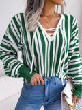 Unique V Neck Vertical Striped Lantern Sleeve Female Sweater