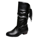 Women's Campus Round Toe Low Heels Ribbon Mid-Calf Knight Boots