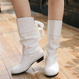 Women's Campus Round Toe Low Heels Ribbon Mid-Calf Knight Boots