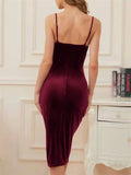 Sexy Female U Neck Backless High Slit Retro Pleated Velvet Dress