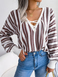 Unique V Neck Vertical Striped Lantern Sleeve Female Sweater