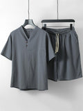 Lightweight Linen Two-Piece Outfit Wrap Neck T-Shirt + Elastic Waistband Knee-Length Pants