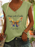 Butterfly And Words Printed V-Neck T-Shirts