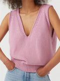 Relaxed Fit Fine Knit V Neck Ribbed Detailing Solid Color Sleeveless Sweater Vest