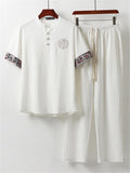 Ethnic Style Linen Outfit Retro Button Short Sleeve T-Shirt + Drawstring Full Length Pants