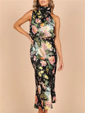 Elegant Floral Print Halter Sleeveless Party Dress