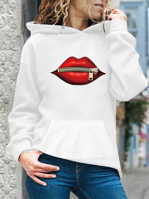 Women's Trendy Zipped Lips Print Long Sleeve Pullover Hoodies