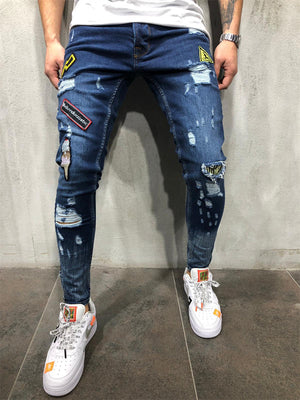 Men Slap-up Frayed Hand Painted Patchwork Jeans