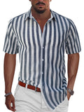 Men's Summer Classic Stripe Lapel Short Sleeve Button Beach Shirts