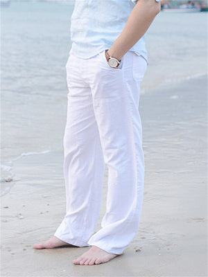 Male Linen Elastic Waist Beach Straight Leg Pants