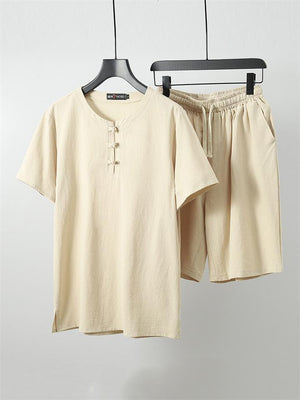 Mens Vintage Loose Solid Color Cotton&Linen Short Sleeve T-Shirts+Shorts