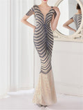 Graceful Patchwork Design Sexy Slim Contrast Color Sequins Evening Dresses