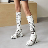 Trendy Colorful Floral Printed Thick Heel Long Boots