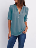 Women's V-neck Zipper Chiffon Shirts