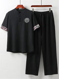 Ethnic Style Linen Outfit Retro Button Short Sleeve T-Shirt + Drawstring Full Length Pants