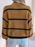 Casual Half Collar Lantern Sleeve Stripe Knitted Sweater For Women