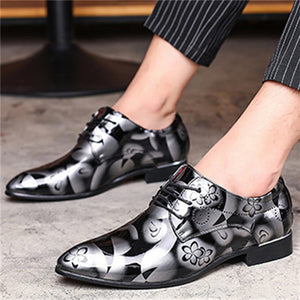 Men's Trendy Mini Floral Front Lace Up Bright PU Dress Shoes